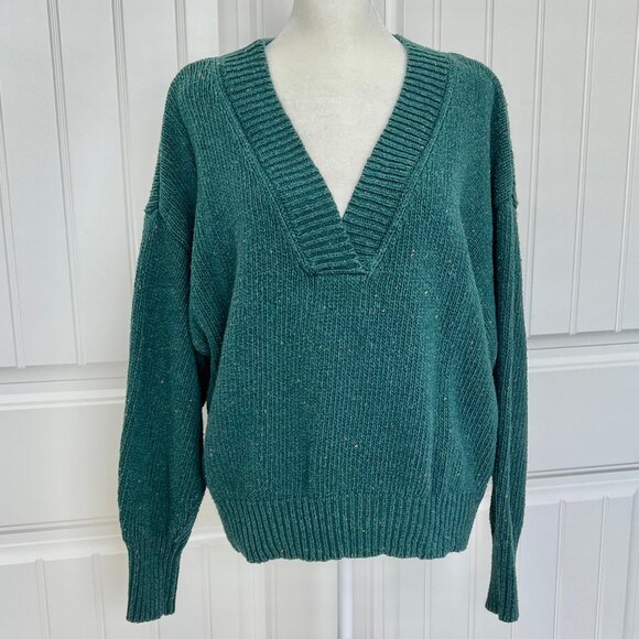 Abound Nordstrom Chunky Knit Color Fleck Emerald Green V-Neck Ribbed Hem Sweater - Picture 3 of 10